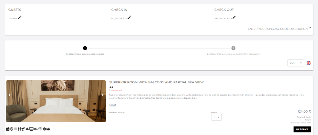 Hotel Mirati online booking page