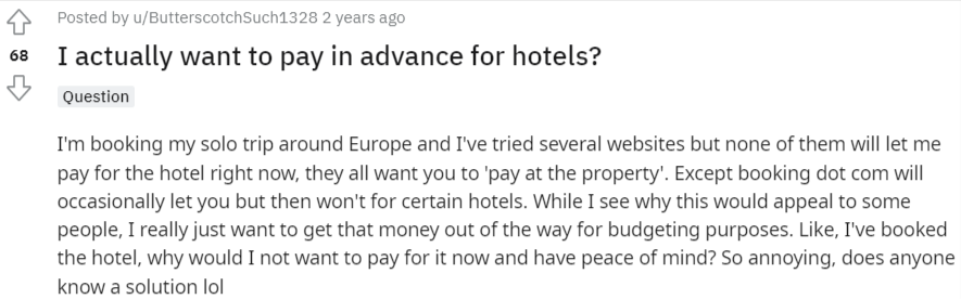 reddit post about paying for hotel in advance